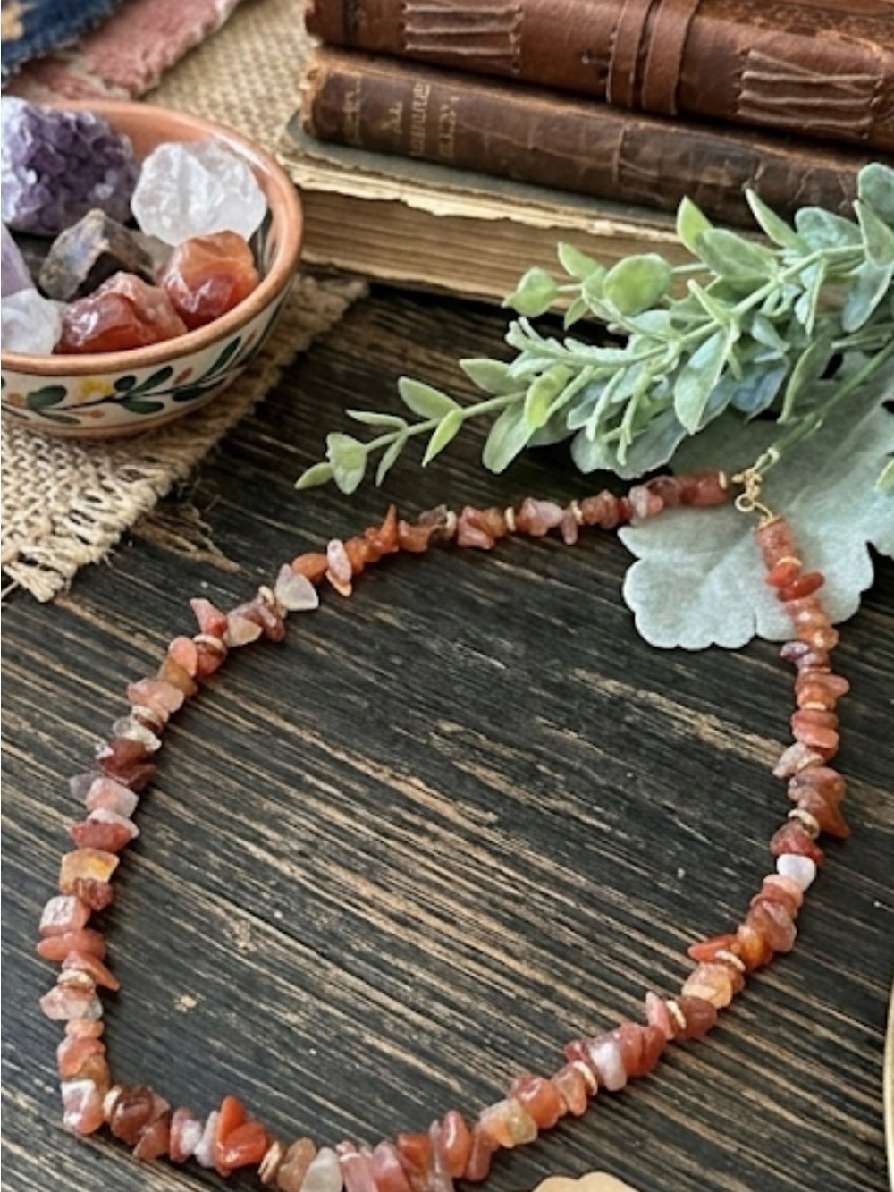 Artisan Carnelian Chip Necklace in Orange and Cream Tones